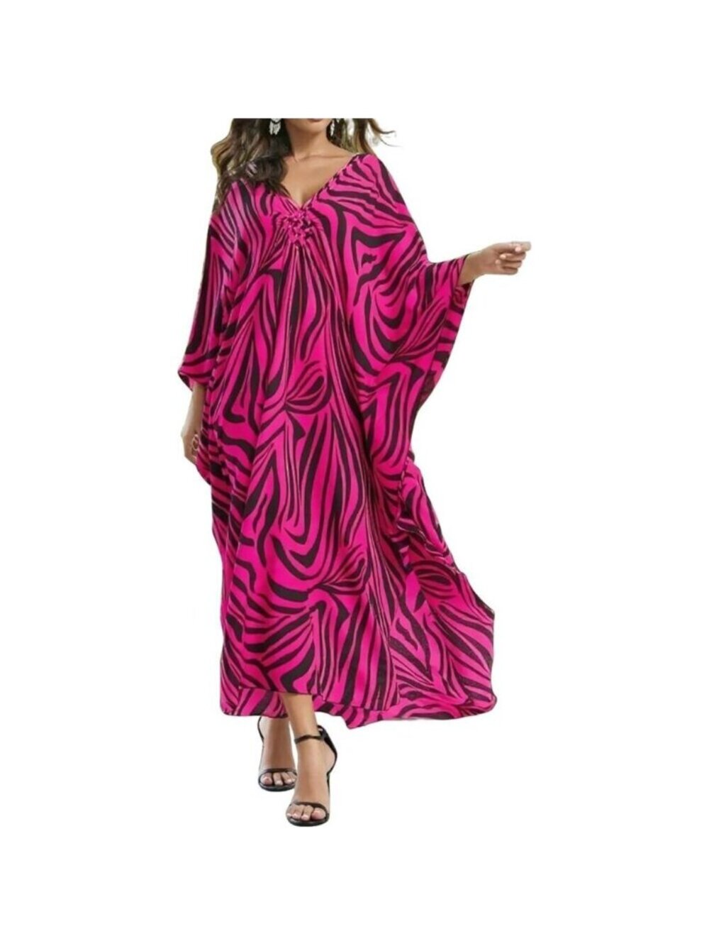 Women's Black Pink Zebra V-neck Batwing Sleeve Flowy Split Bohemian Kaftan Dress